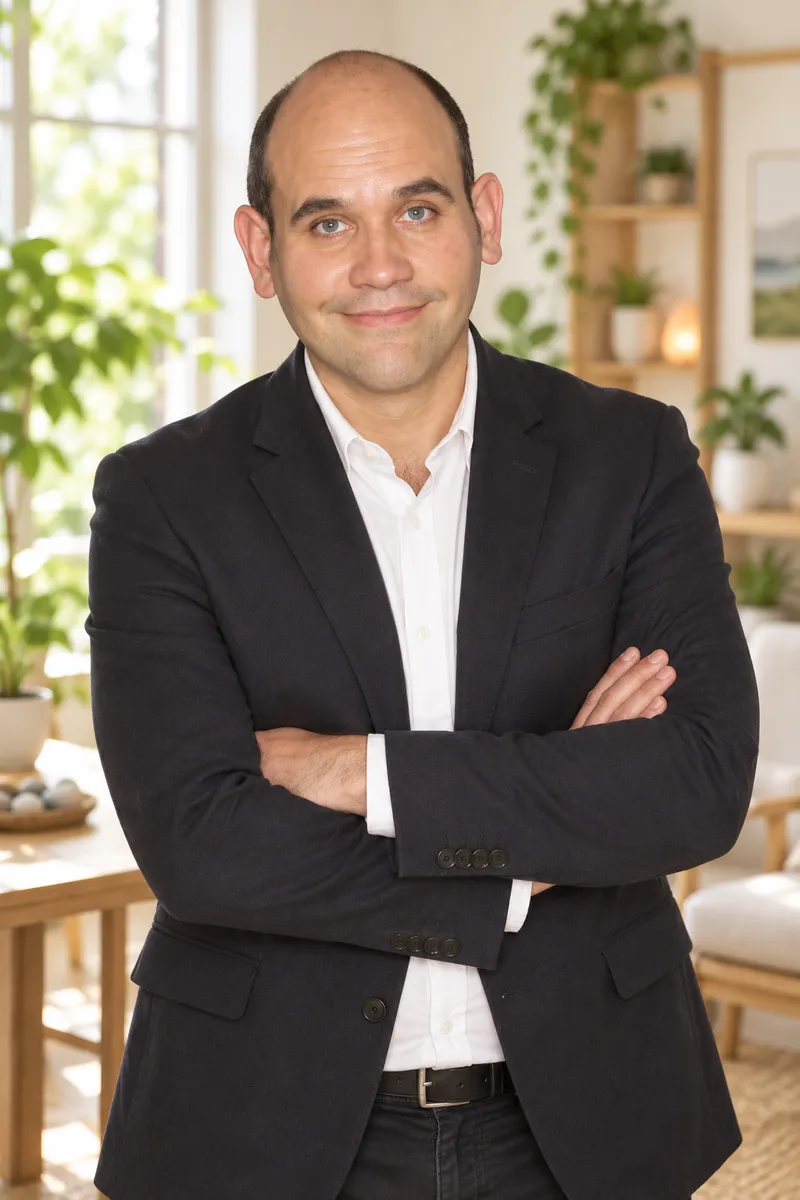Julio Cesar Mendoza, founder of StoBene, standing with arms crossed in a sunlit room.